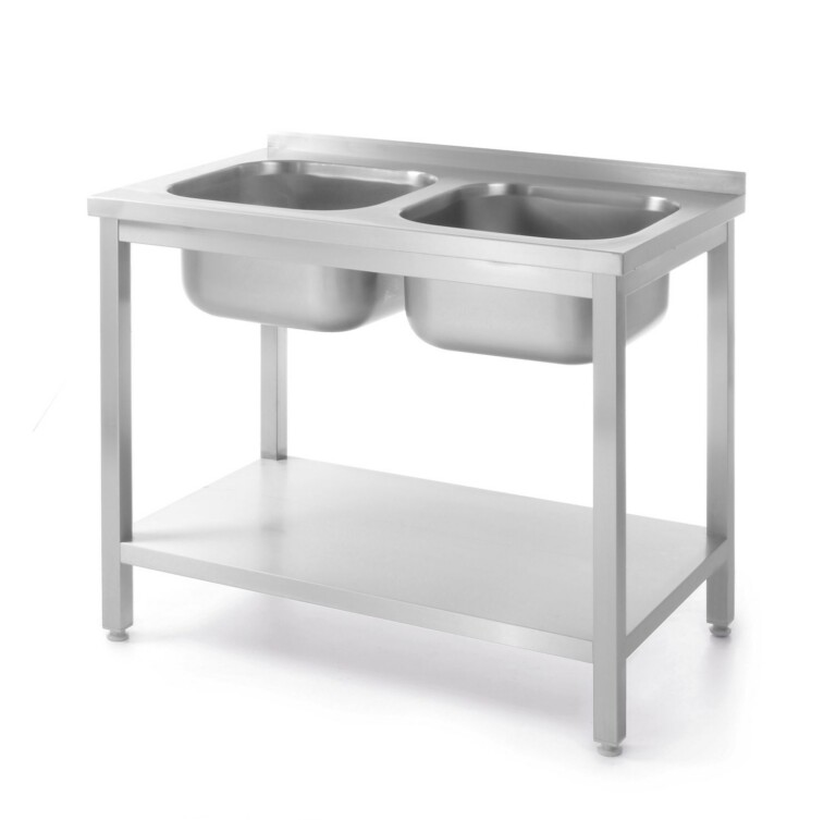 Poltidega kinnitatud laud kahe valamu ja riiuliga, HENDI, Kitchen Line, kaks kraanikaussi, 1000x600x(H)850mm